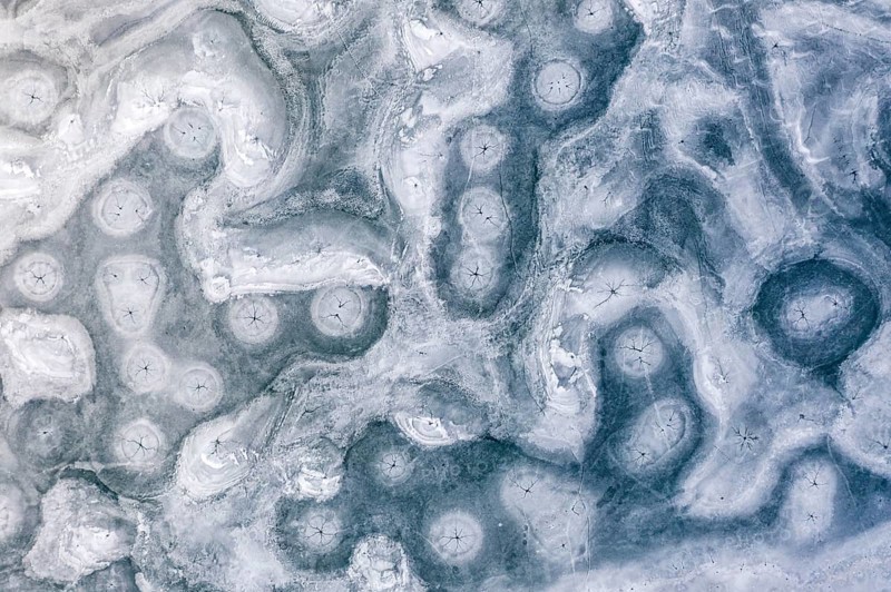 Aerial view of ice formations on a frozen lake, winter, Riegsee, Alpine foothills, Upper Bavaria, Bavaria, Germany, Europe