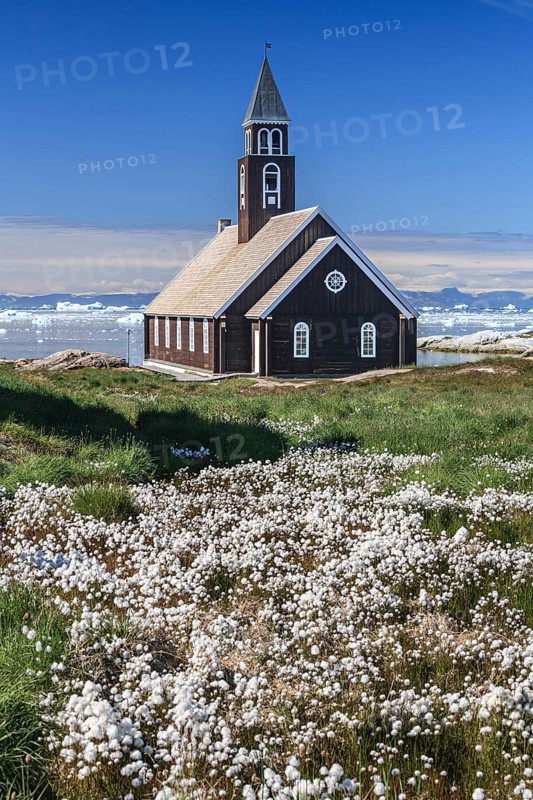 Church in front of blue sky and icebergs, cotton grass, summer, Zion's Church, Jakobshavn Glacier and Icefjord, Ilulissat, Disko Bay, West Greenland, Greenland, North America