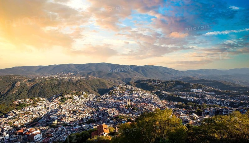 Mexico, Taxco city lookout overlooking scenic hills and colorful colonial historic city center, Central America