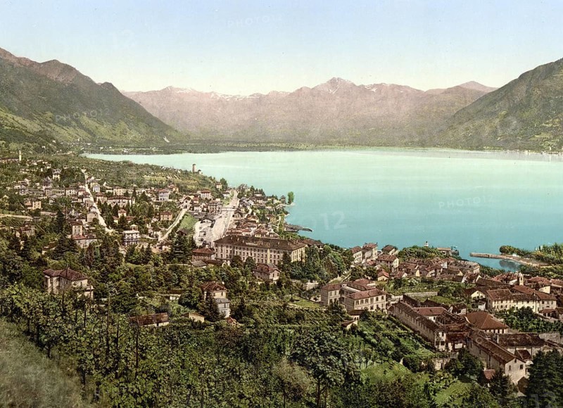 View of the town of Locarno in Ticino in Switzerland, Historical, digitally restored reproduction from a 19th century original, Record date not stated