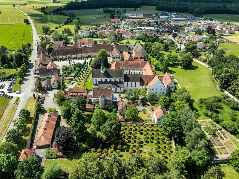 Aerial view of the village of Heiligkreuztal with the cathedral and the former Cistercian nunnery, district of Biberach, Upper Swabia, Baden-Württemberg, Germany, Europe