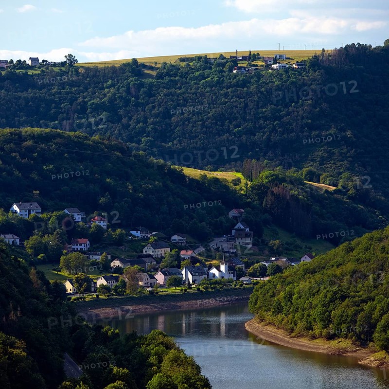 Elevated view of the river Our with the village of Stolzembourg, Our National Park, Ardennes, Islek, Oesling, Grand Duchy of Luxembourg