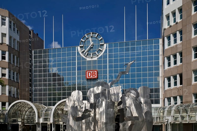 A stainless steel figure group at the main railway station entitled The Ring by Horst Antes, Düsseldorf, North Rhine-Westphalia, Germany, Europe