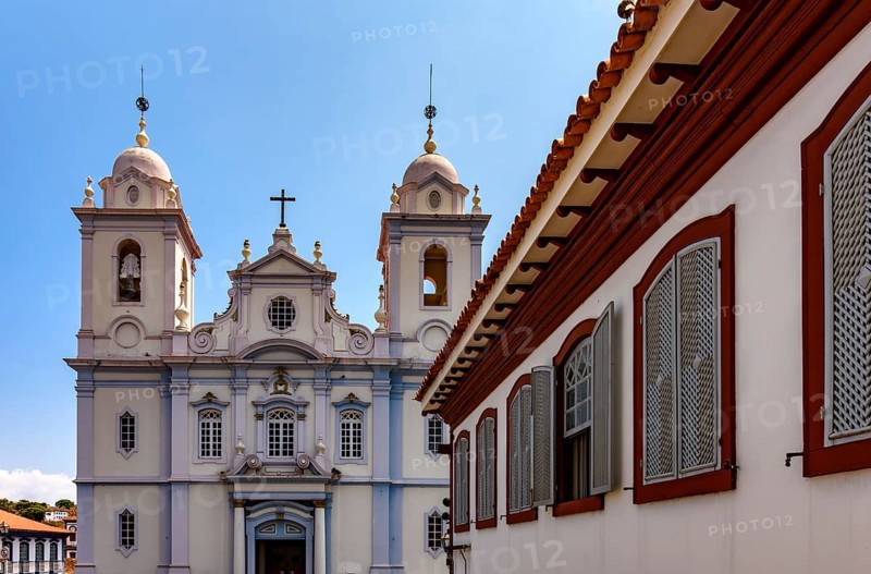 Facade of the cathedral and historic houses in the city of Diamantina in the state of Minas Gerais, Diamantina, Minas Gerais, Brazil, South America
