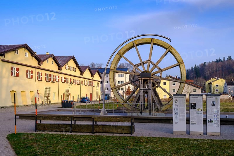 Water wheel, Salinenpark, Traunstein, Chiemgau, Upper Bavaria, Bavaria, Germany, Europe