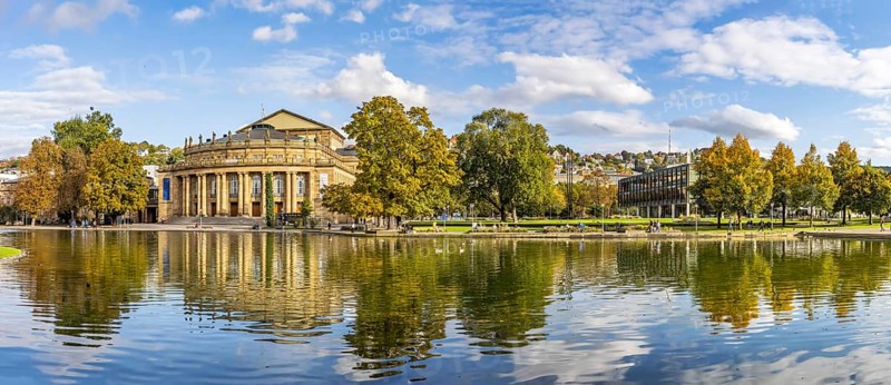 Autumn atmosphere at the opera house with Eckensee. The state parliament building on the right. Panoramic photo. Stuttgart, Baden-Württemberg, Germany, Europe