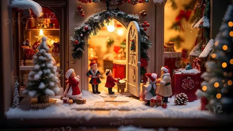 Traditional advent calendar door opening, showing a tiny festive scene inside with miniature decorations, AI generated