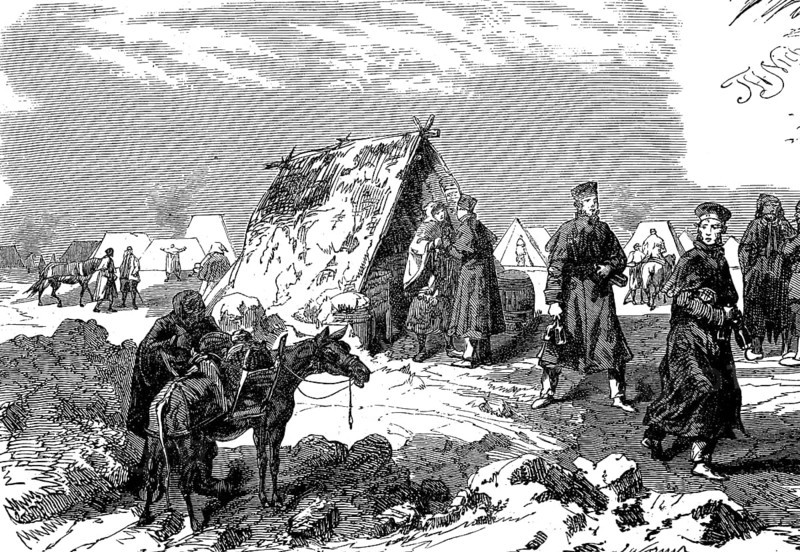 Englishmen fetching food from French sutlers, 1855, Crimean War, Historical, digital reproduction of an original 19th century model