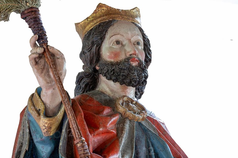 Head of Christ, detail of the palm donkey on a white background, wooden figure from around 1470, Church of St Jodokus, Bad Oberdorf, Oberallgäu, Bavaria, Germany, Europe