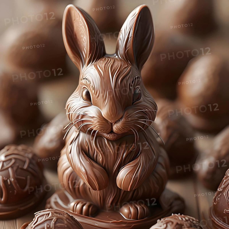 Easter bunny figurine made of chocolate, with a soft focus on intricate patterns and glossy textures, AI generated