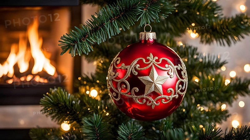 Christmas ornament hanging on a tree, with reflections of twinkling lights and fireplace flames flickering in the background, AI generated