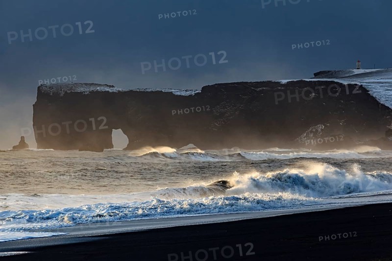 Snowy beach, waves, wind, dark clouds, winter, light mood, rocks, Dyrholaey, Vik, Iceland, Europe