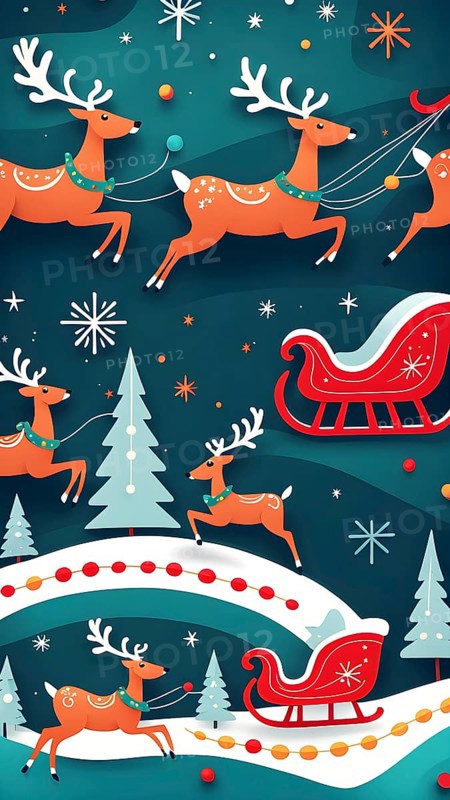 Whimsical abstract scene with stylized reindeer and sleighs to capture the magic of Christmas, AI generated