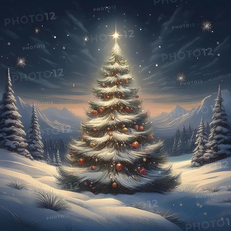 Illustration of a Christmas tree in a snowy winter landscape at night, AI-generated image, AI generated