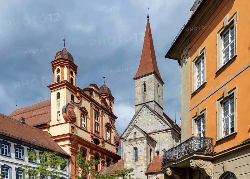 Protestant town church, on the right the Catholic basilica of St Vitus in the architectural style of late Romanticism. Town view of Ellwangen, Baden-Württemberg, Germany, Europe