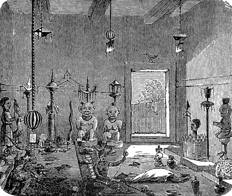 Interior of a fetish temple of the Ashanti tribe, West African ethnic group in the south of Ghana, Africa, in 1870, Historical, digital reproduction of an original from the 19th century