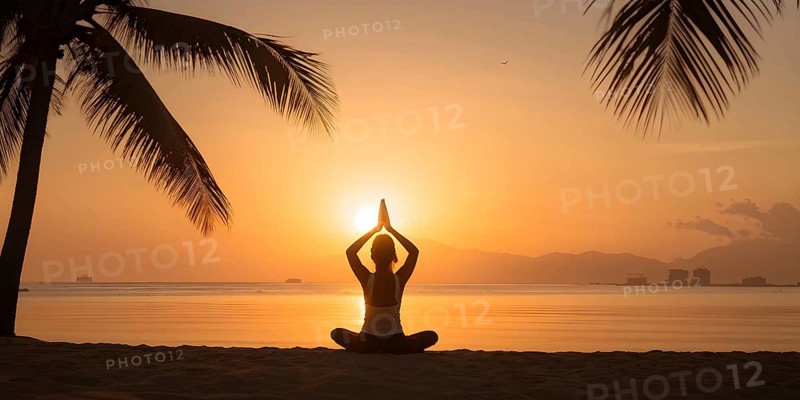 Early morning yoga session on a serene beach in sunrise, AI generated