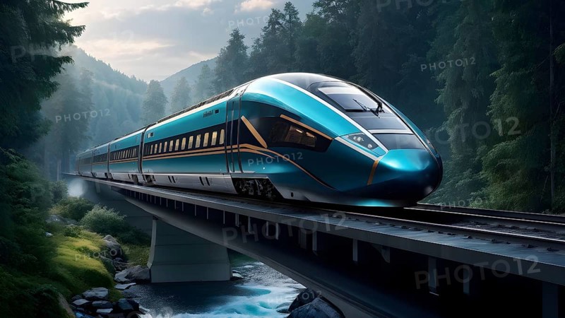 High speed train with an aerodynamic nose modeled after the beak of a kingfisher, AI generated