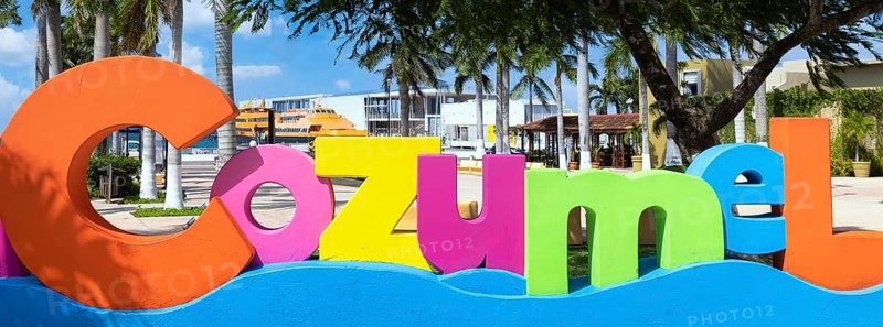Mexico, Cozumel Letters at the central plaza near ocean Malecon and Cancun ferry terminal, Central America