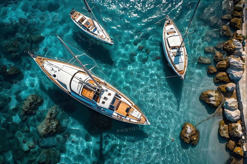 Aerial view of an idyllic harbor landscape with sailboats and yachts, AI generated