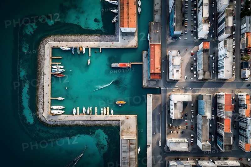 Aerial view of an idyllic harbor landscape with sailboats and yachts, AI generated