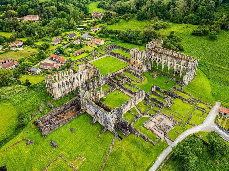 Rievaulx Abbey from a drone, North York Moors National Park, North Yorkshire, England, United Kingdom, Europe