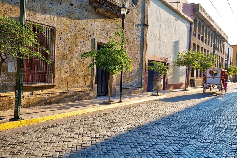 Colorful Guadalajara streets in historic city center near Central Cathedral
