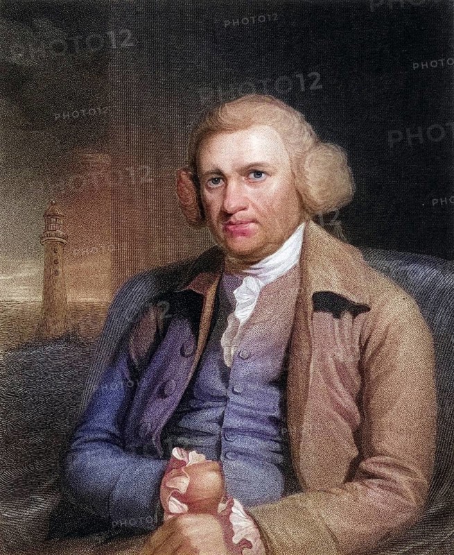 John Smeaton (1724-1792), English civil engineer, born in Austhorpe near Leeds, Yorkshire. In the background of the portrait is the third lighthouse on Eddystone Rock in the English Channel off Plymouth, Devon, which he built between 1757 and 1759. He also carried out research into the mechanics of windmills and waterwheels and improved the Newcomen steam engine. From The Gallery of Portraits, Volume II, by Charles Knight (London, 1833) . Stipple engraving, digitally restored reproduction from a 19th century original, record date not stated