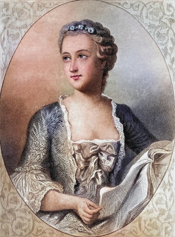 Jeanne-Antoinette Poisson, dame Le Normant d'etiolles, marquise (margravine) de Pompadour, duchesse (duchess) de Menars (born 29 December 1721 in Paris, died 15 April 1764 in Versailles), in short Madame de Pompadour, was a mistress of the French King Louis XV, Historical, digitally restored reproduction from a 19th century original, Record date not stated