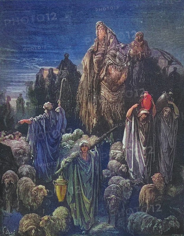 Engraving from the Dore Bible illustrating Genesis xlvi 5 to 7 Jacob goes to Egypt by Gustave Dore 1832-1883 French artist and illustrator, Historical, digitally restored reproduction from a 19th century original, Record date not stated