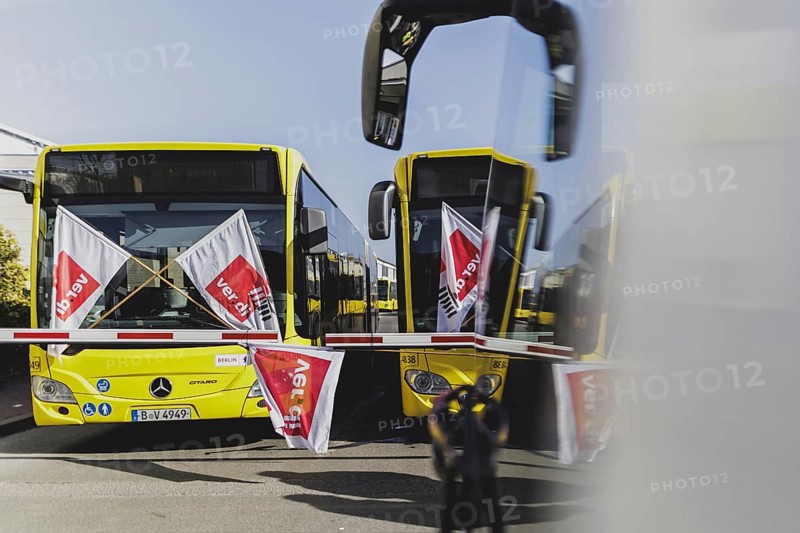 Buses of the Berlin transport company BVG are parked at the Lichtenberg depot in Berlin, 29 February 2024. Ver.di has announced strikes in public transport for Thursday and Friday