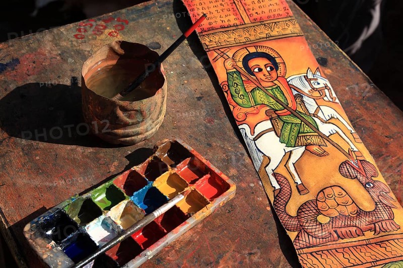 Lalibela, eastern group of rock-hewn churches, painted leather with religious, ecclesiastical motifs, Ethiopia, Africa