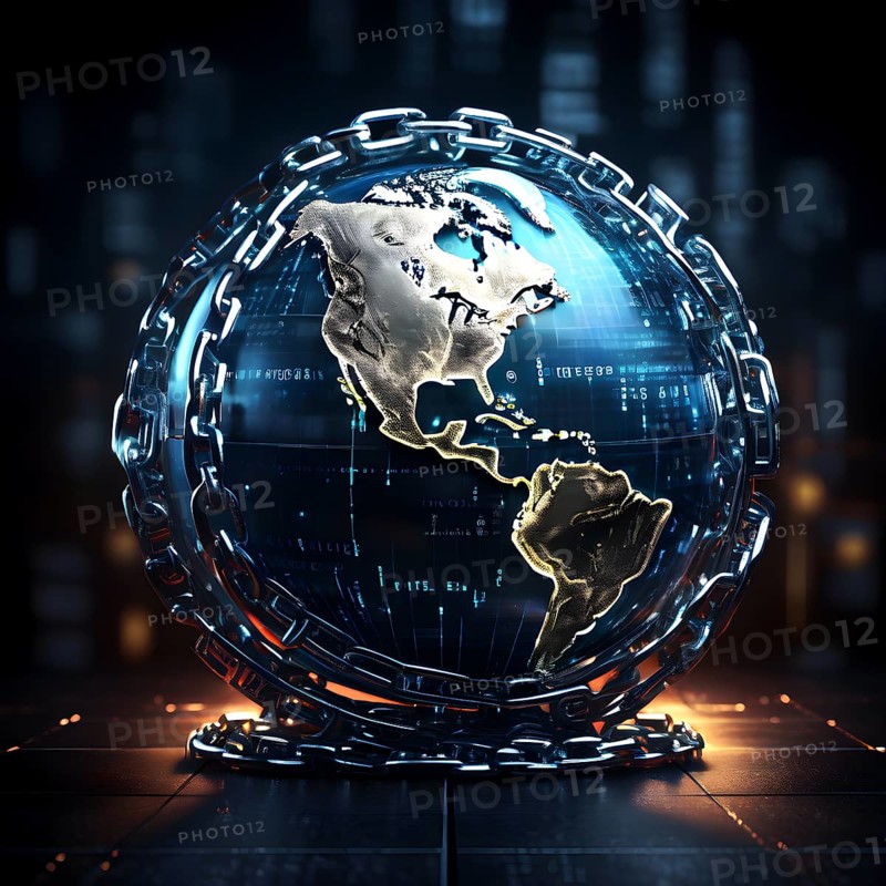 AI generated conceptual digital render showing a globe ensnared and locked by rusting steel chains