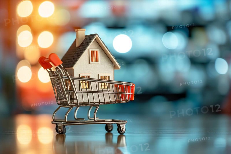 Real estate shopping concept, a house is a shopping cart on blurred bokeh background, AI generated