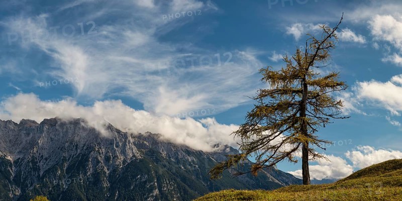 Panorama from Hoher Kranzberg, 1397m to the cloudy Karwendel Mountains, Werdenfelser Land, Upper Bavaria, Bavaria, Germany, Europe