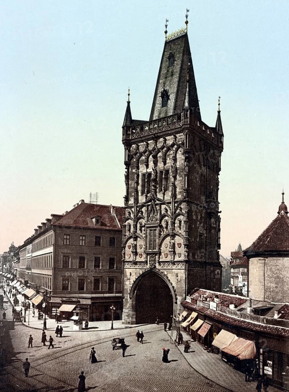 The Prague Powder Tower, a 65 metre high gate tower on Republic Square in Prague, Czech Republic, Historical, digitally restored reproduction from a 19th century original, Record date not stated, Europe