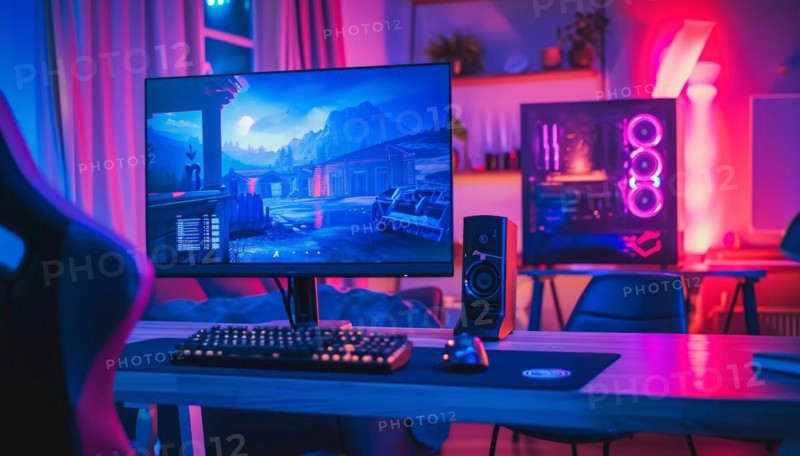 Video gaming advanced home rig station with controller, monitor, chair and speakers, AI generated