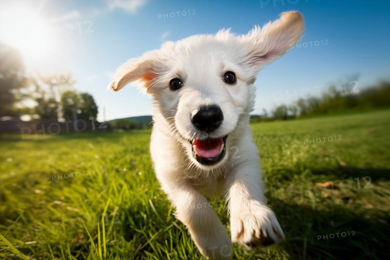 Playful white puppy with fluffy fur is captured mid-run, running playing enjoying a sunny day outdoors, AI generated