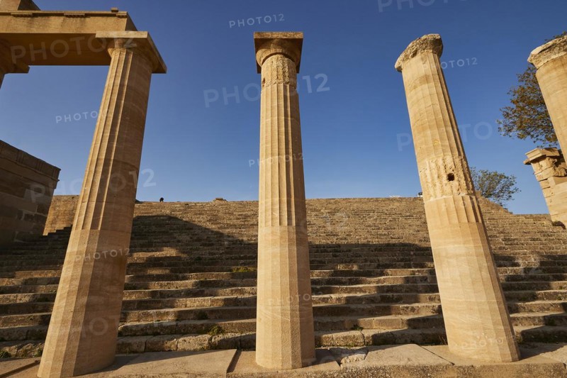 Acropolis of Lindos, morning light, Propylaea with open staircase, Lindos, Rhodes, Dodecanese, Greek Islands, Greece, Europe