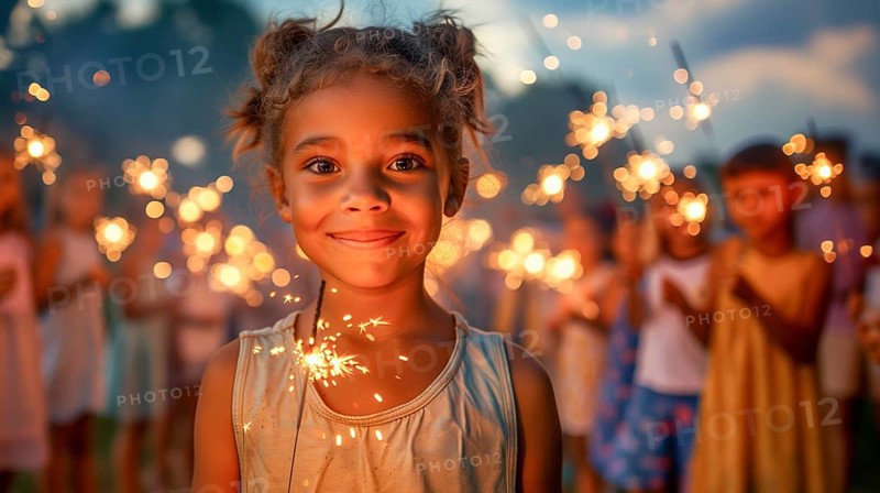 Cute children celebrating with fun sparklers. generative AI, AI generated