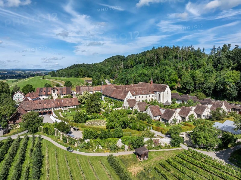 Aerial view of Ittingen Charterhouse, a former Carthusian monastery, today a cultural centre, conference centre, museum, hotel, restaurant and estate, Warth-Weiningen, Canton Thurgau, Switzerland, Europe