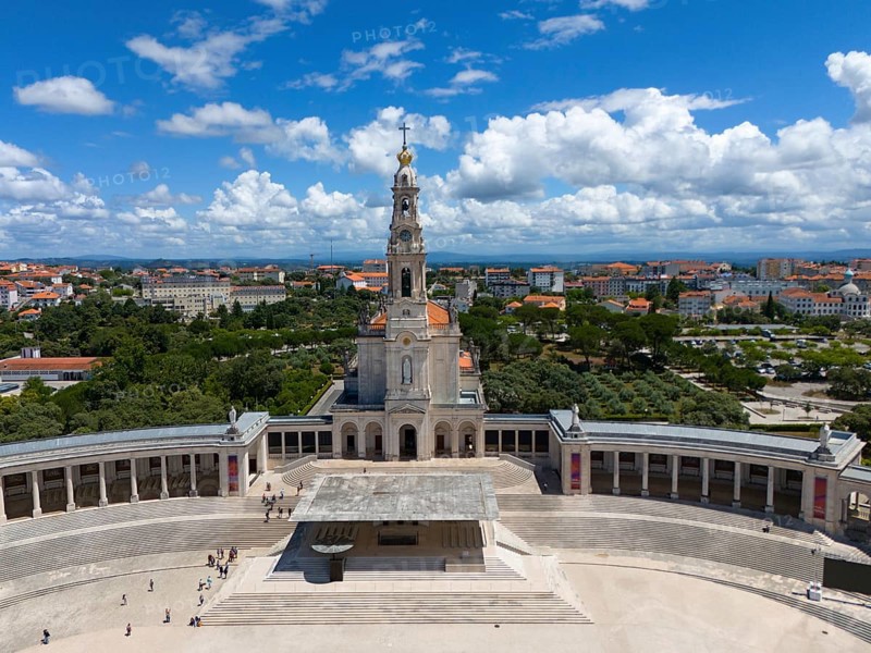 Central focus on a basilica with square and stairs, sky with white clouds, aerial view, Basilica of Our Lady of the Rosary, Santuario de Fatima, place of pilgrimage, Fatima, Fátima, Ourem, Santarem, Portugal, Europe