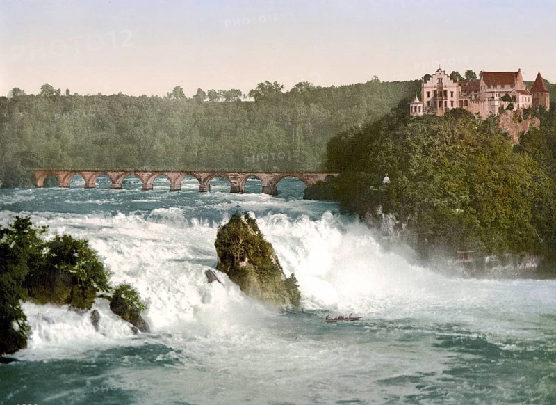 Rhine Falls with Laufen Castle, near Schaffhausen in Switzerland, Historical, digitally restored reproduction from a 19th century original, Record date not stated