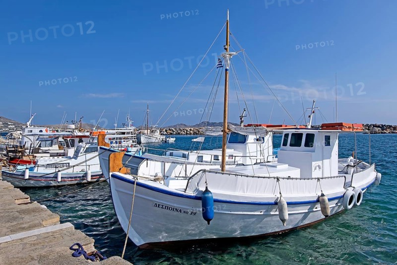 Fishing boats in the harbour of Noussa, Paros Island, Cyclades, Greece, Europe