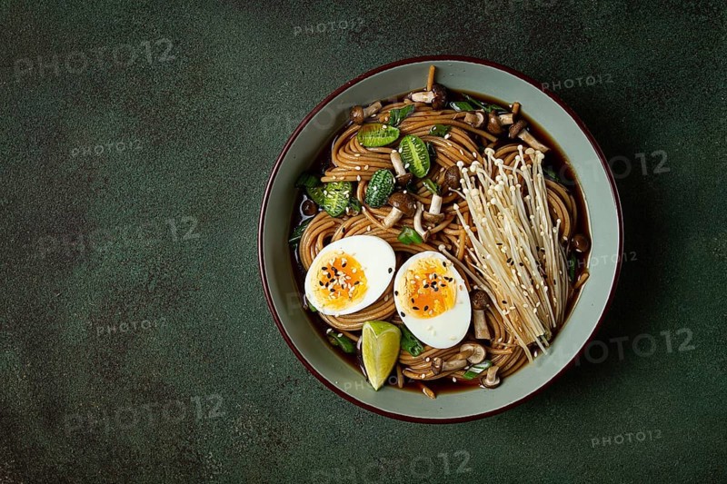 Soba, buckwheat noodles, with enoki mushrooms, shimeji and boiled egg, top view, homemade, no people