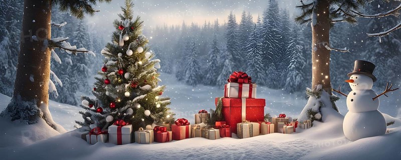 Peaceful and serene Christmas scene with a decorated Christmas tree with gifts presents and a cute snowman in a snowy forest, AI generated