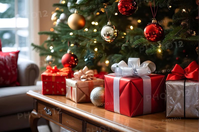 Beautiful wrapped Christmas gifts with shiny ribbons and bows stacked under a evergreen tree in a cozy living room, AI generated