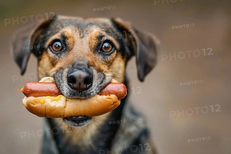 Dog holding hot dog with bread bun and sausage in mouth. Generative Ai, AI generated