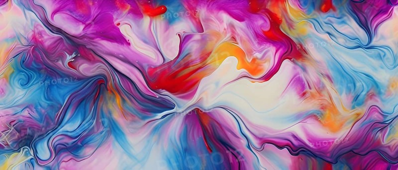 Abstract painting with fluid swirling pastel colors of magenta, blue, red, orange and yellow, AI generated