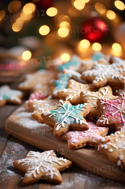 A detailed shot of Christmas cookies on a wooden table, featuring star-shaped cookies with colorful icing, sprinkles, and powdered sugar, AI generated